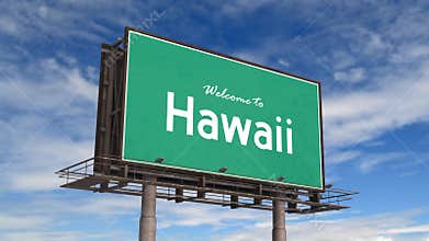 Welcome To Hawaii Road Sign. Airplane Landing Hawaii State USA.