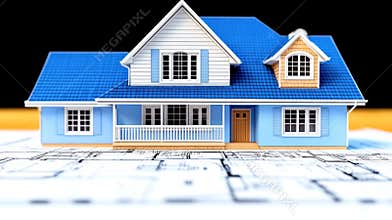Blue House Model on Architectural Plans