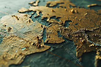A detailed close-up view of a map of the world. Suitable for various uses