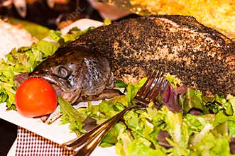 Whole salmon fish cooked in oven with green salad