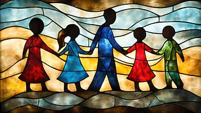 Colorful Stained Glass Depiction of Family Walking Hand in Hand