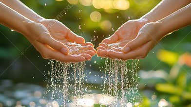 Two Hands Gently Pouring Water Outdoors in Sunny Green Natural Setting