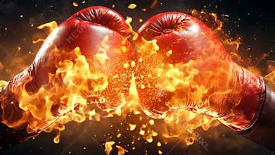 Intense boxing match highlights showcasing red gloves clashing amidst flames