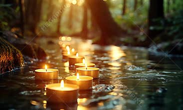 Serene floating candles illuminate a tranquil forest stream at sunset, enhancing the peaceful ambiance