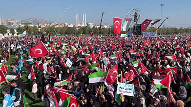 Protestors wave flags during free Palestine Meeting in Maltepe meeting area.