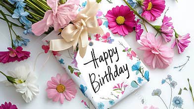 Happy birthday card with envelopes flowers. Selective focus.
