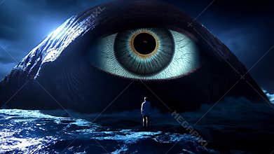 A figure stands before a surreal eye, symbolizing perception and depth
