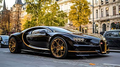 Generative AI Luxury Black Bugatti Car Parked in a Sophisticated Urban Setting Surrounded by Trees business concep