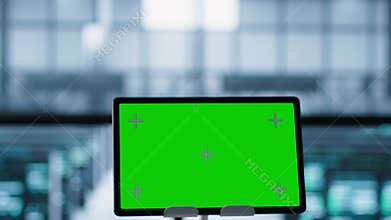 Close up of chroma key tablet and teamworking programmers in server room