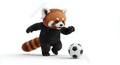 Photorealistic Chibi Red Panda Playing Soccer on White Background