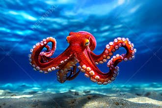 vibrant red octopus swimming gracefully in ocean showcasing its unique tentacles and textures against stunning underwater