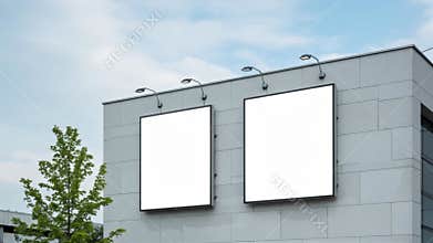 Two Blank Vertical Billboards on Modern Building Facade