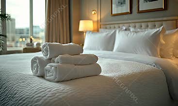 Luxury Hotel Room: Fresh White Towels on a King-Size Bed