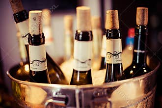 Wine bar tasting set up tray decoration bottles in restaurant