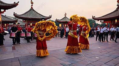 Traditional Chinese Dragon Dance Performance in Temple Courtyard. Concept of Cultural Heritage, Festive Celebration