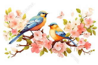 Two birds are perched on a branch of a tree with pink flowers