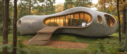 Innovative Ecofriendly Architecture Showcases Renewable Design in a Vibrant Forest Setting During the Golden Hour