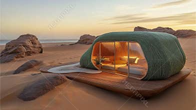 Innovative Green Architecture Showcases Sustainable Living on a Serene Beach at Sunset With Biomaterials and a Zero