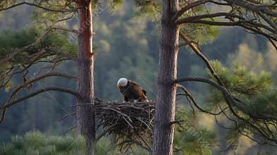 A majestic bald eagle perched on its nest between tall pine trees, surrounded by a lush natural backdrop.