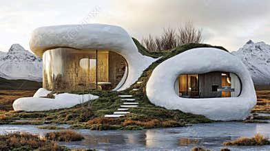 Innovative Sustainable Architecture Showcasing Ecofriendly Materials in a Picturesque Landscape With Mountains