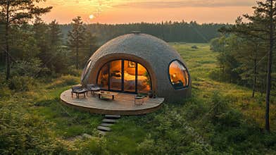 Innovative Eco Friendly Dome House Showcasing Sustainable Architecture in a Serene Landscape at Sunset Generative AI