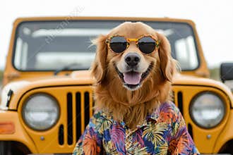 Cheerful Golden Retriever in Colorful Hawaiian Shirt with Sunglasses in Front of Jeep