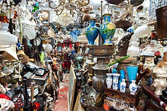 Cluttered junk shop at Upper Lascar Row antique market, Hong Kong