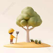 Cartoon gardener planting tree on sunny day with shovel in hand
