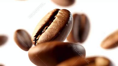 High-Quality Video Footage of Roasted Brown Coffee Beans Falling on White Background Ideal for Coffee Commercials and Food