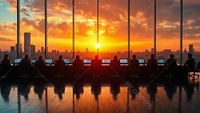 Business Professionals Collaborate in High Rise Office with Stunning Sunset Skyline, Capturing Inspiring Moment