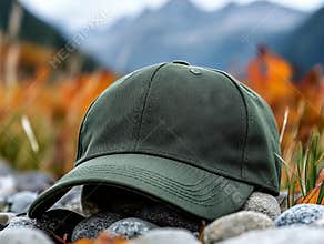 A baseball cap sitting on top of a pile of rocks