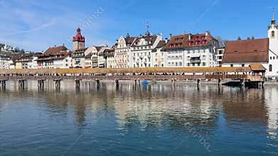 Luzern, Switzerland. April, 03, 2025. Luzern Lake in Switzerland. The camera pans top down.