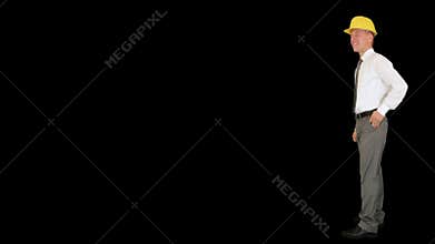 Young architect applauding, walk in, against black, stock footage