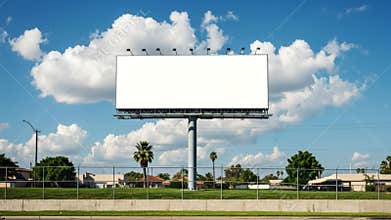 Blank White Billboard Under Blue Sky with Clouds