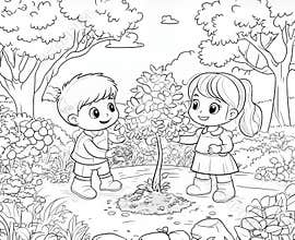 A group of friends planting trees on Earth Day, a simple outline illustration for a kids' coloring page. Coloring