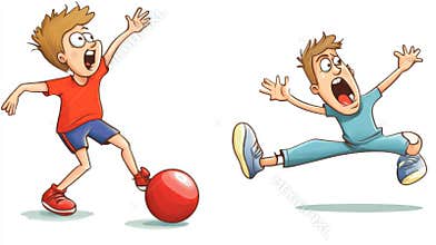 Cartoon boys playing with a red ball, one happy and the other in fear