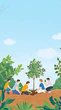 Young volunteers engage in environmental conservation by planting a tree together in nature