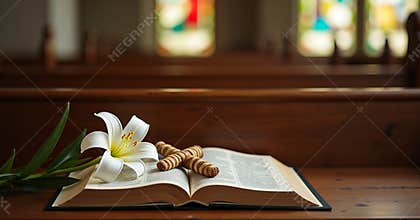 Open Bible with Wooden Cross and White Flower on a Church Pew