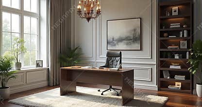 Modern Home Office with Wooden Desk, Bookshelf, and Warm Lighting