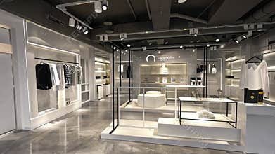 Sleek interior design highlights clothing and accessories in a modern retail space featuring elegant displays and
