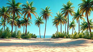 Tranquil Tropical Landscape Serene Beach with Palm Trees, Golden Sand, and Clear Ocean Sky for Ultimate Relaxation