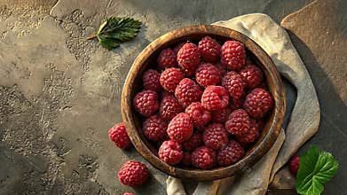 bowl overflowing with vibrant raspberries nestling on a textured backdrop for ultimate freshness