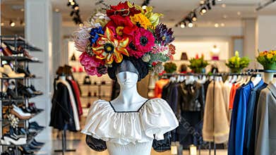 Vibrant floral headpiece adorns a mannequin in a bright boutique showcasing stylish clothing and accessories to inspire