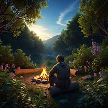 AI image of medieval vagabond sitting by a campfire in heavily forested wilderness