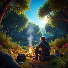 AI image of medieval vagabond sitting by a campfire in heavily forested wilderness