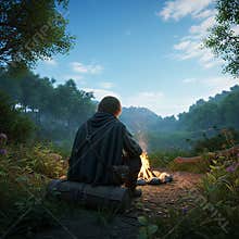 AI image of solitary medieval vagabond sitting by a campfire in heavily forested wilderness in the evening