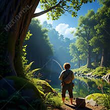 An AI generated image of medieval fantasy vagabond fishing in a crystal clear lake