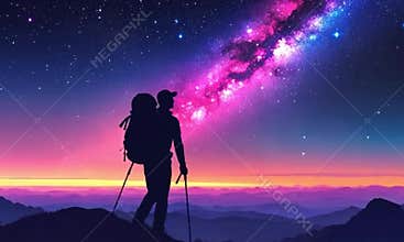 Sky Peak: Silhouette of a lone hiker against the bright Milky Way at dusk.