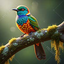 An AI generated image of colorful bird perching on a branch in forest