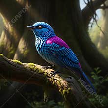 An AI generated image of colorful bird perching on a branch in forest
